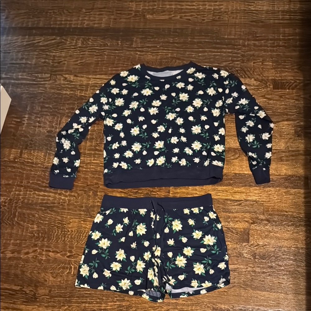 Floral Pajama Set - Navy and White
